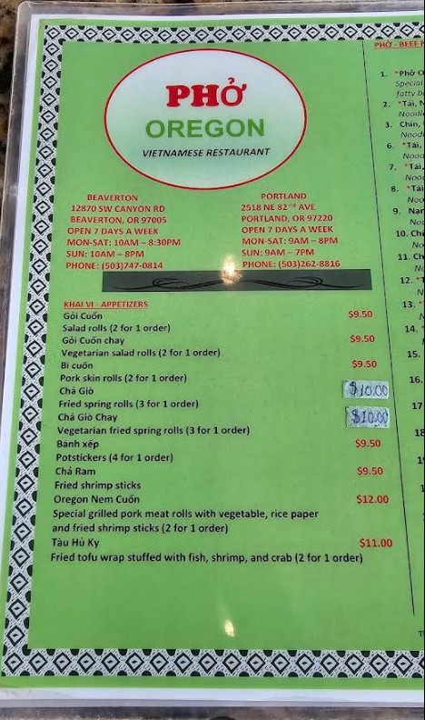 Phở Oregon Beaverton Restaurant Menu | Authentic Vietnamese Pho & Dishes
