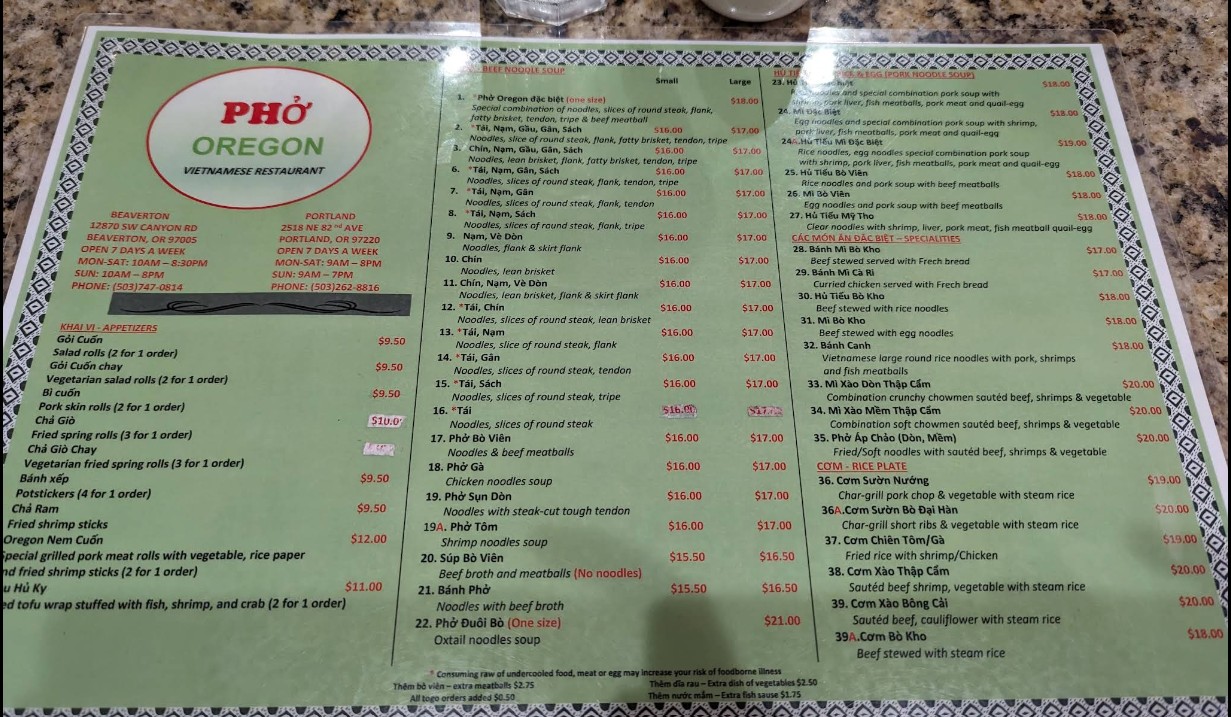 Phở Oregon Beaverton Restaurant Menu | Authentic Vietnamese Pho & Dishes